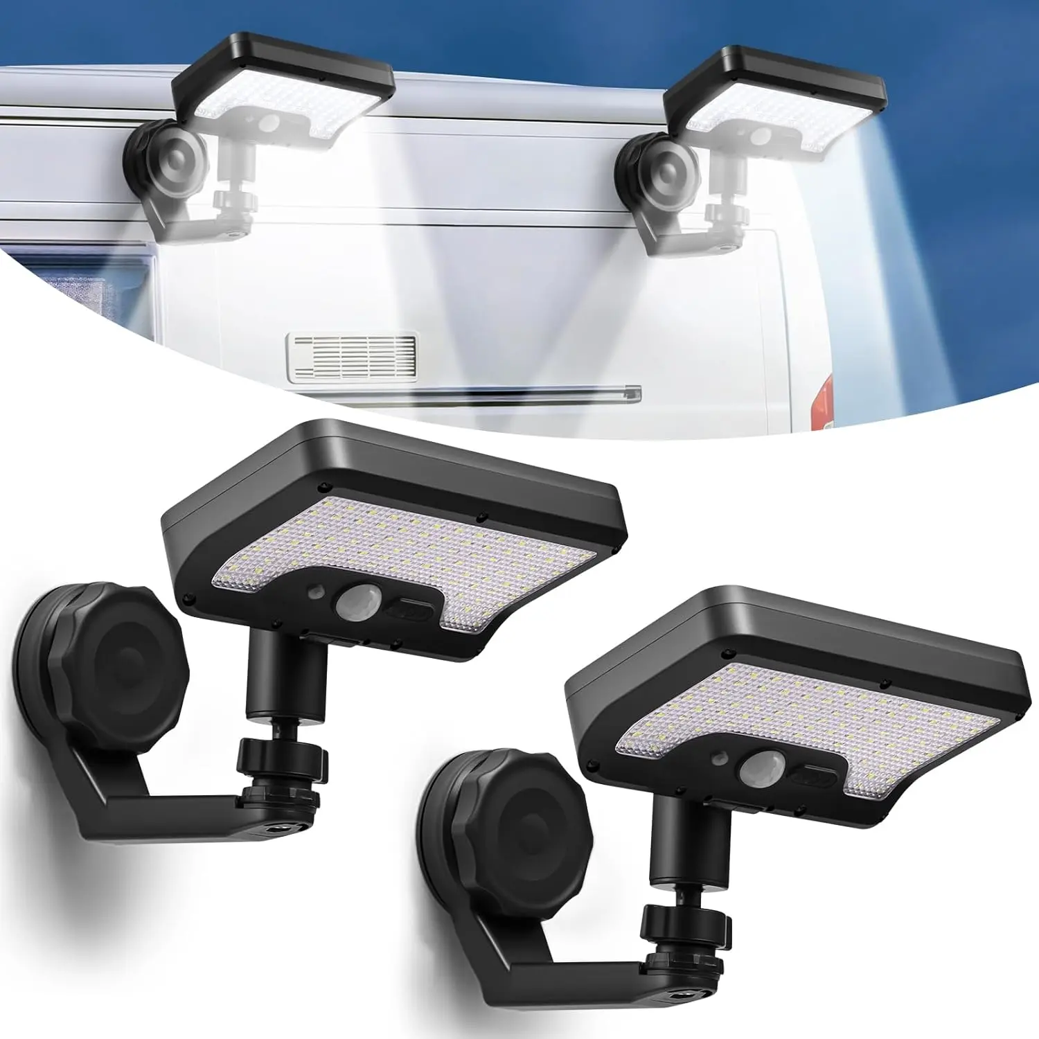 Magnetic Solar Lights with Motion Sensor and 3 Modes for RV (6000K) | 92 LEDs, 600LM, USB & Solar Powered, 360°Adjustable Light Head, IP65 Waterproof,For RV Exterior Lights, Camper, Awning