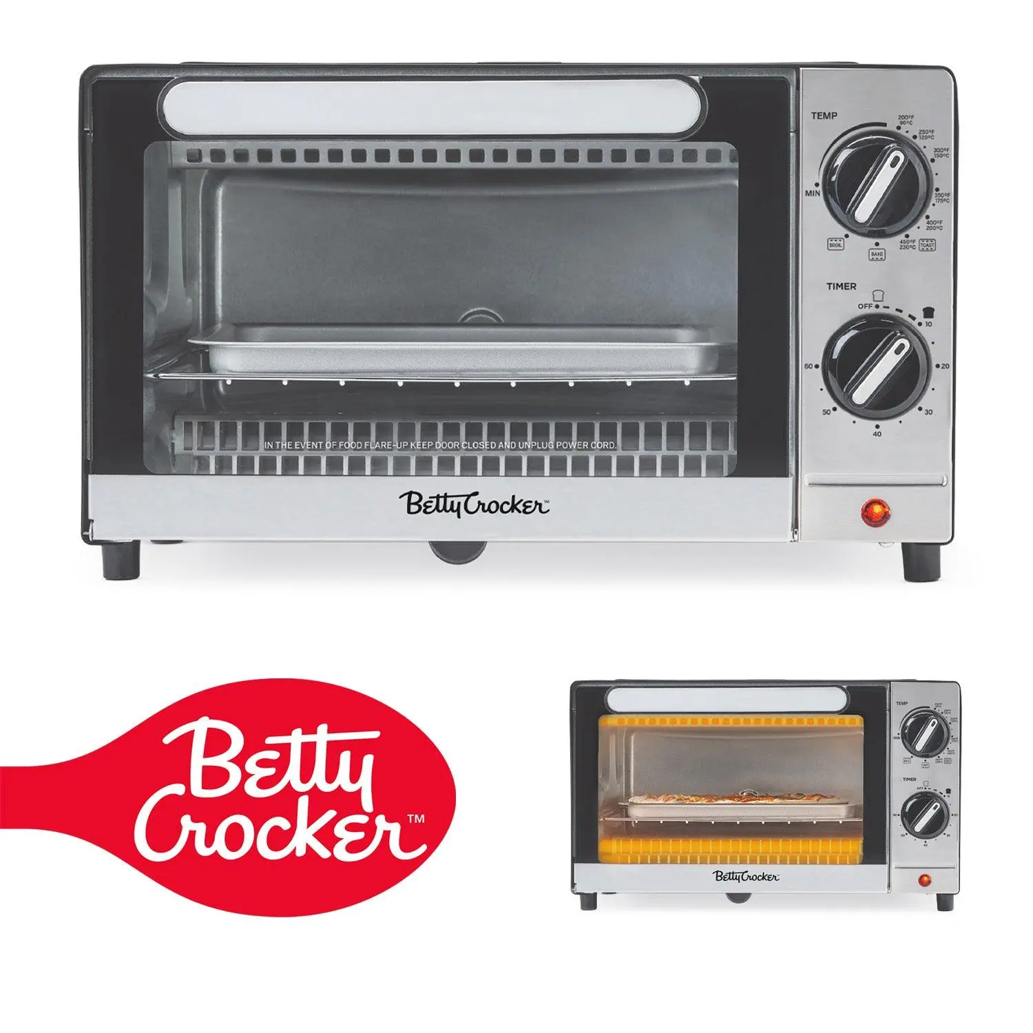 Betty Crocker 9L Toaster Oven, 2-Slice Toaster with Chrome Plated Front, Stainless Steel Handle, Bake, Broil & Toast Functions, Easy Control Dials, Includes Baking Pan & Rack, BC-5665B, Black/Silver, Kitchen Appliances, Multifunction Oven, Small Appliance