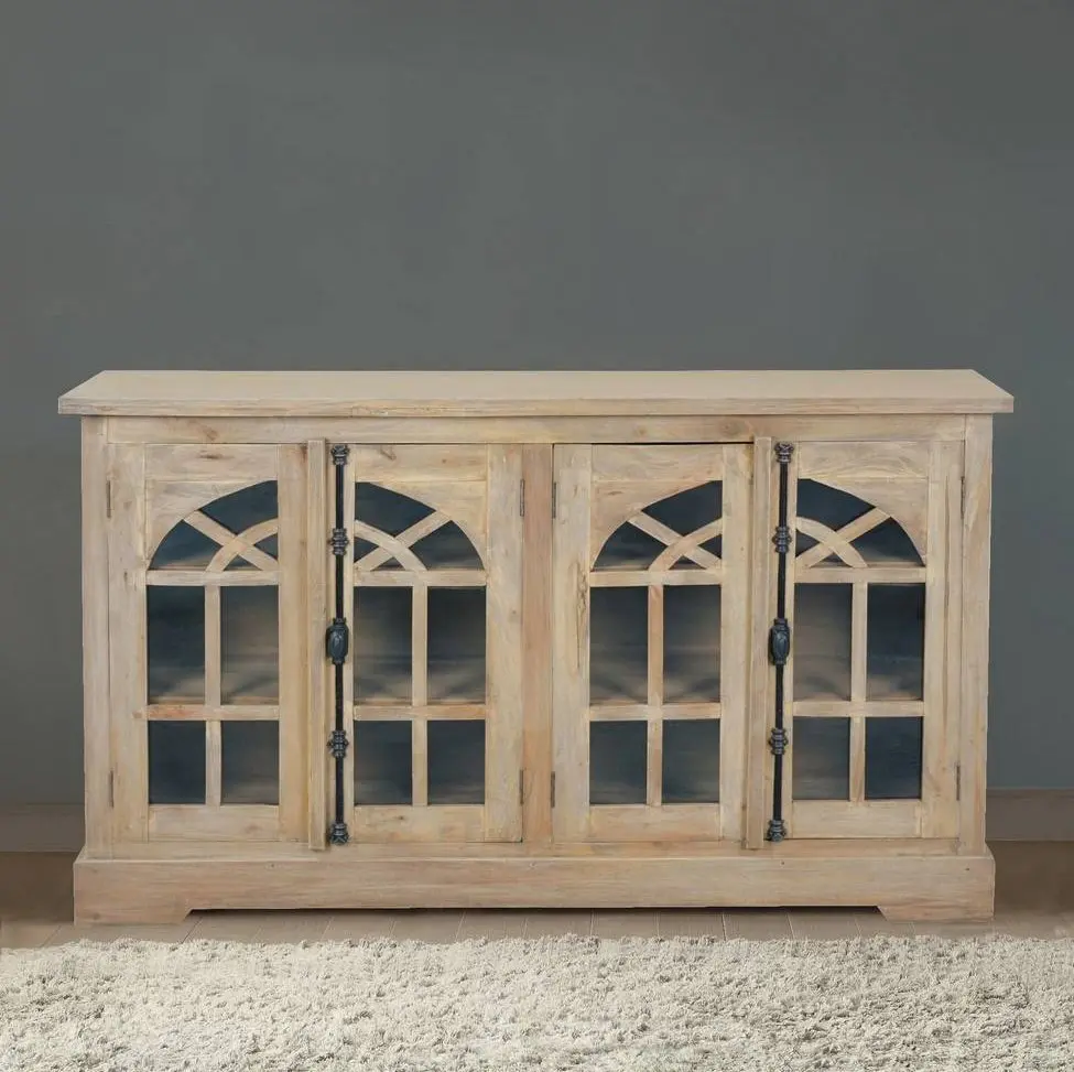 Sunset Trading Cottage 63" Arched Glass Door Credenza | Driftwood Brown Solid Wood Display Cabinet | Fully Assembled Sideboard CC-CAB1706S-DW