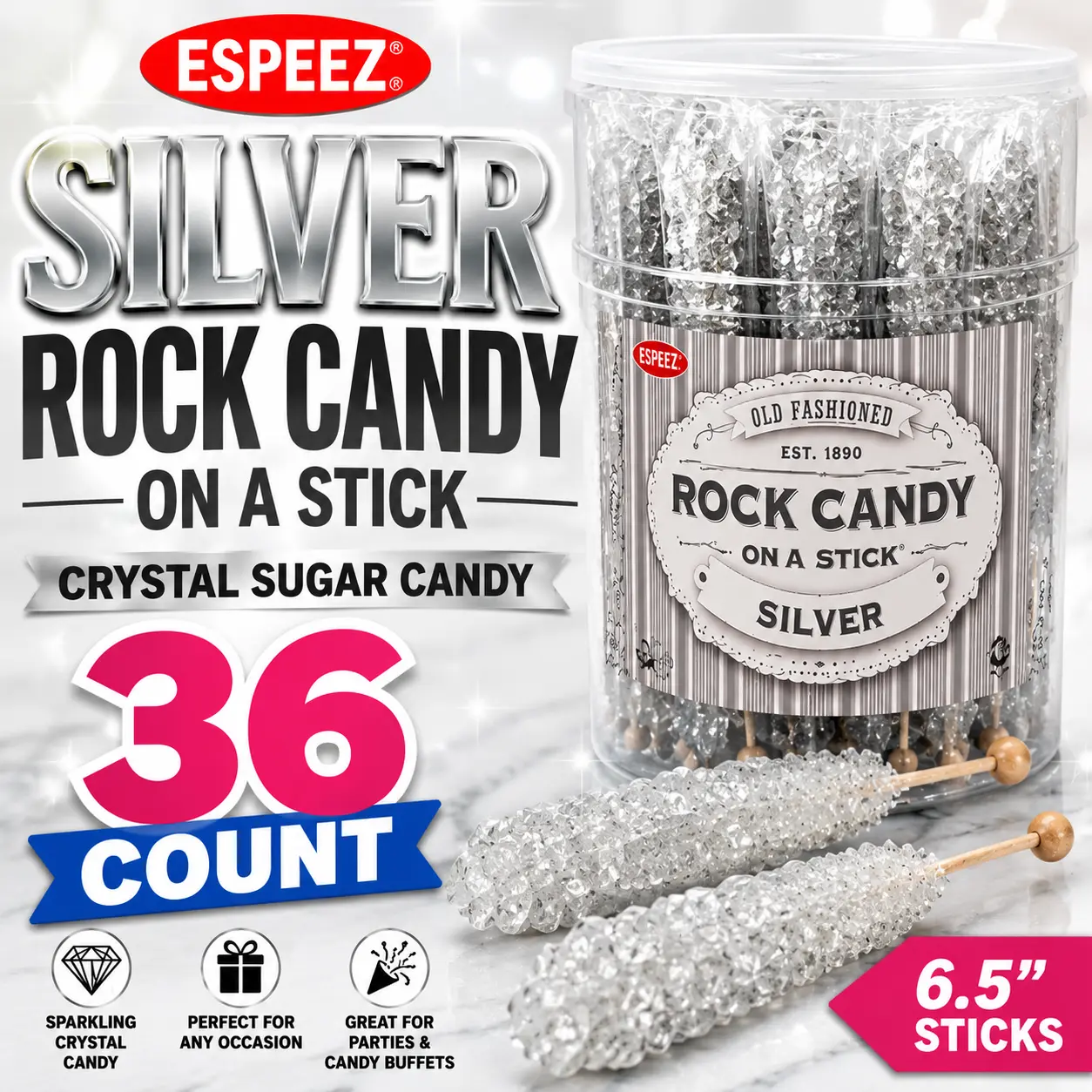 Espeez Silver Rock Candy on a Stick 6.5" 36 Count  Crystal Sugar Candy Sticks | Bulk Party Favors, Candy Buffets & Wedding Treats