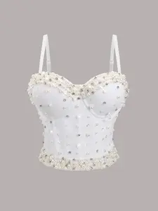 Luxurious Pearl Rhinestone Fishbone Top, Wedding Bridal Pearl Bustier, Party Pearl Corset, Elegant Pearl Embellished Slim Tank Top for Women