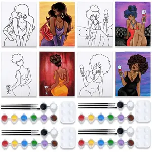 4 Pack Canvas Painting Kit Pre Drawn Canvas for Painting for Adults Party Kits Paint and Sip Party Supplies 8x10 in 8 Acrylic Colors,3 Brush,1 Pallet Chic Girl Art Set