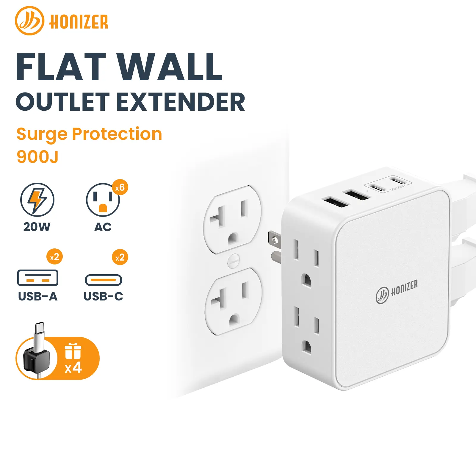 HONIZER 8-in-1 Flat Wall Outlet Extender, 4 Side Outlets, 4 USB Ports, 20W USB-C Fast Charging, 3-Sided Multi Plug Adapter for Behind Couch, Nightstand, Desk & TV