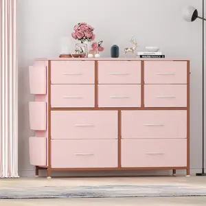 Dresser for Bedroom, 10 Drawers Fabric Storage Drawer, Dressers & Chest of Drawers with Side Pockets, Hooks, Wood Tabletop for Closet, Living Room, Hallway (Pink)
