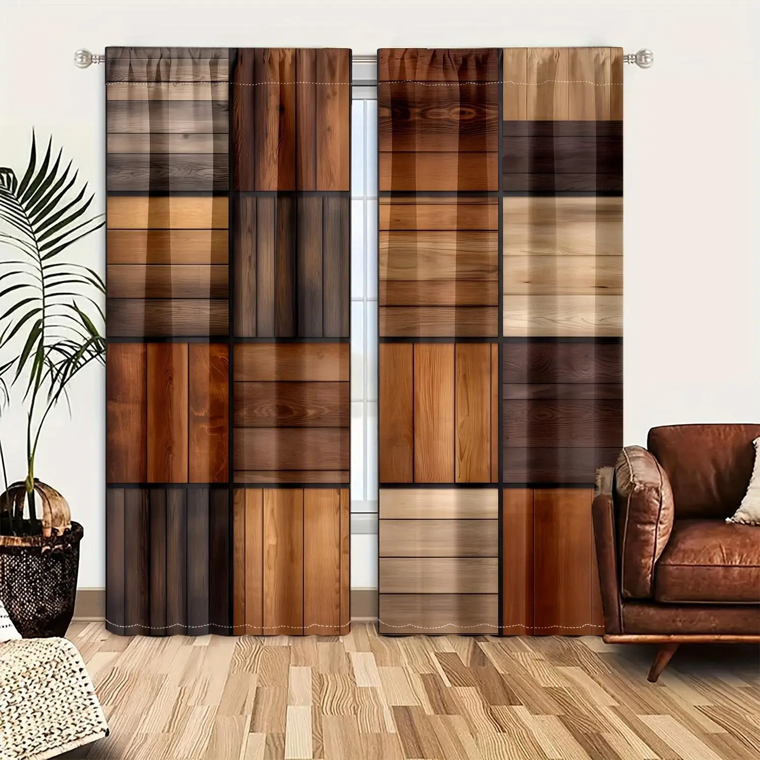 Wood Grain Pattern Curtain, 2 Counts/set Semi Transparent Privacy Curtain, Rod Pocket Curtain for Home Living Room Bedroom Office Decor, Window Curtain