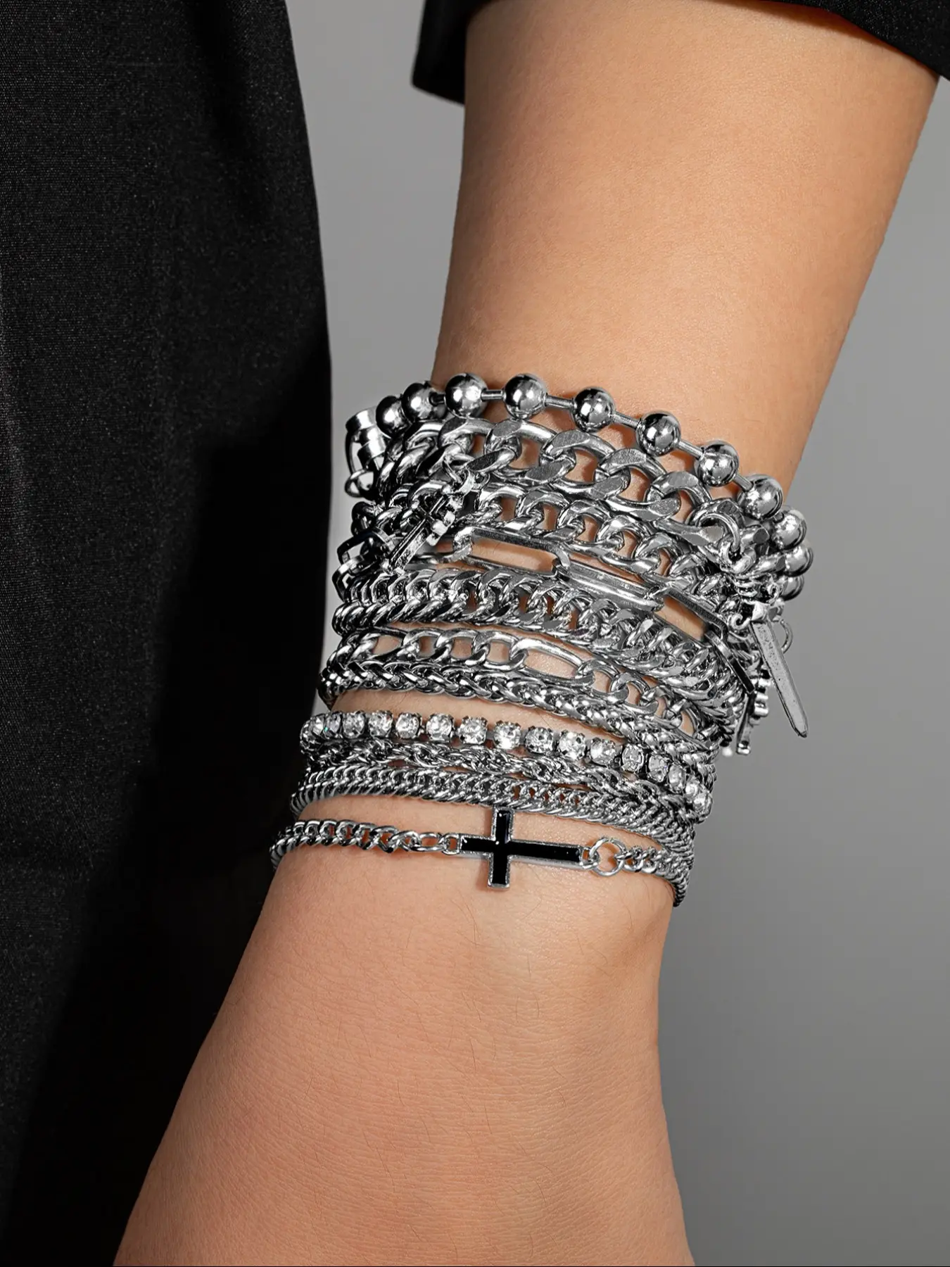 Metal Chain Design Cross Bracelet Set, Multi-Layer Beaded Fashion Accessory, Unisex Punk Style Jewelry, 11 Pieces Bracelet Stacks, Stacked Design Bracelets