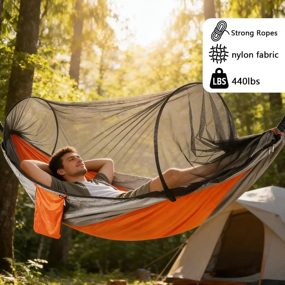 Auto-Popup Camping Hammock with Mosquito Net, Heavy-Duty 210T Parachute Nylon Backpacking Gear with Shape-Memory Pole and 1322lb Capacity
