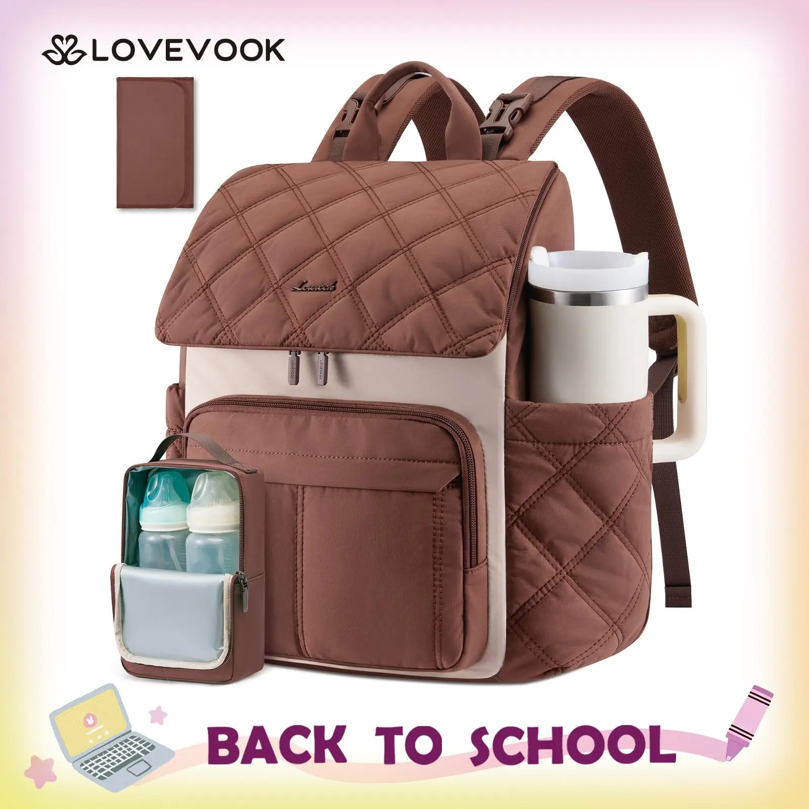 LOVEVOOK Diaper Bag Backpack With Pocket For Large Capacity Cup,Multi-Function Baby Travel Bag For Mom Dad,Waterproof Baby Bag for Boys Girls with Changing Pad,Insulated Bag,Stroller Straps,Brown