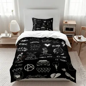 Lil Peep & Emo Punk Doodle Print Duvet Cover Set (2/3 Piece, 1 Duvet Cover + 1/2 Pillowcases), Gothic Aesthetic Bedding, Gothic Aesthetics, Soft Breathable for Teens & Music Fans (Multiple Sizes Available, No Comforter Or Pillow Core)