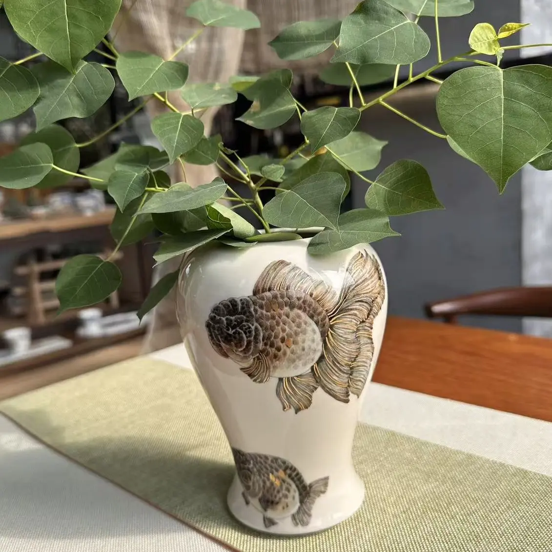 Gilt-Doucai Ranchū-Necked Vase Handcrafted Ceramics with Goldfish Swirls 5 cm Mouth 14.5 cm Height Unique Art Piece