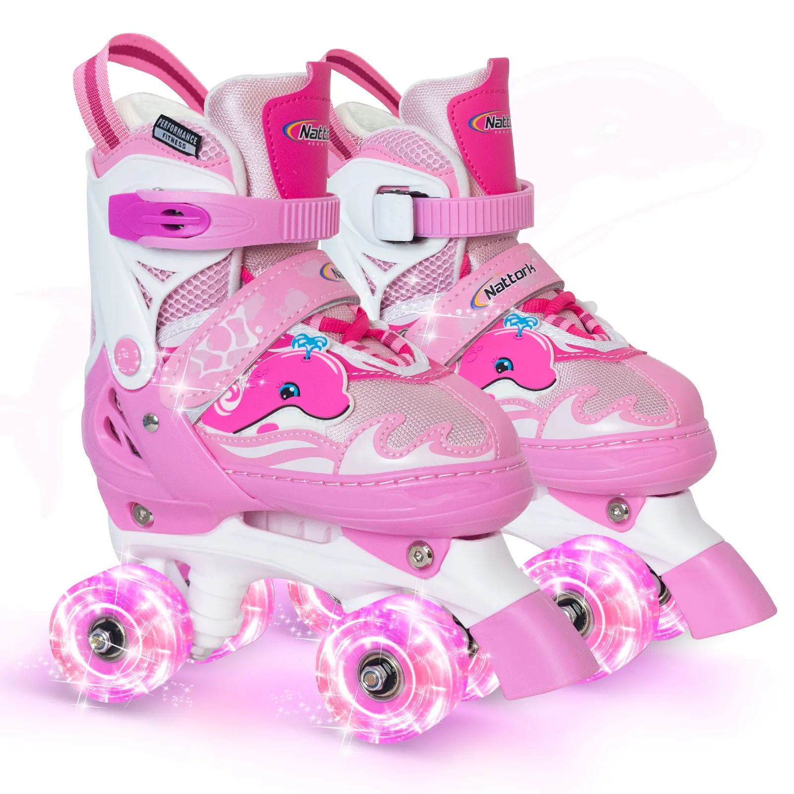 Nattork Roller Skates for Kids, Hard Shell High-Top Skates for Beginners with Adjustable Sizing and Secure Buckle Closure, Rollerskating, Adjustable Fit, Dolphin Graphics, Skating Fun