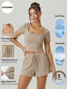 Katch Me Chic Women's Casual Stripe Square Neck Short Sleeve Crop Top & Drawstring Decor Shorts Co-ord, Summer Two Piece Sets, Anti-Pilling & Breathable Outfit