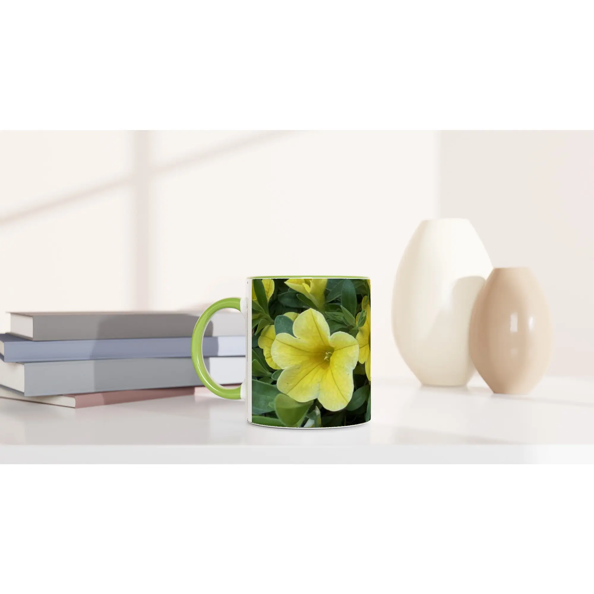 Yellow Petunia 11oz Ceramic Mug with Color Inside Ceramic Green