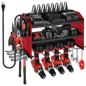 Cordless Construction Tool Organizer with Charging Station, 3-Layer Drill Storage Rack, 4 Drill Holders, Side Pegboard, 8-Outlet Power Strip for Garage, Workbench (Cordless Tool Organizer)