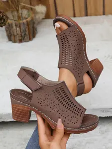 Women's Chunky Heel Hollow-Out Breathable Lightweight Elegant Minimalist Sandals, Casual Open Toe PU PVC Shoes, Medium Width Cuban Heels