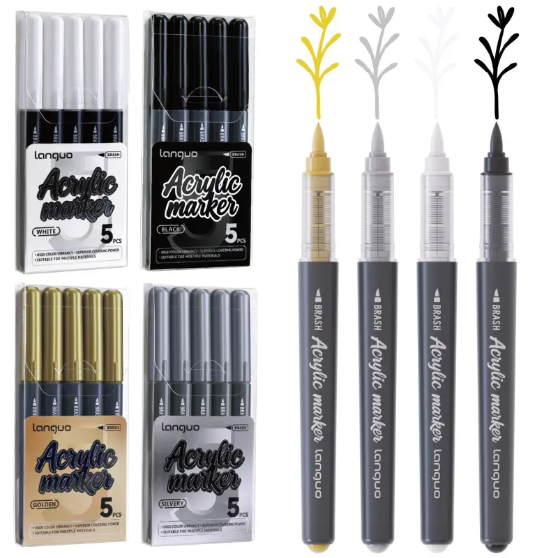 Acrylic Paint Pens Waterproof Marker Set 5Pcs Art Craft Supplies Coloring Supplies Permanent Marker Pens Soft Brush for Rock Painting Glass Stone Ceramic Metal Fabric Pebble Painting pens (Black, White, Gold, Silver)