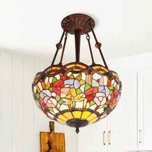 Tiffany-Style Dragonfly Floral Ceiling Pendant Light 15.8 Inch Antique Bronze Finish E26 Sockets Warm Bulbs Handcrafted Glass Shade Wrought Iron 3 Bulbs Included
