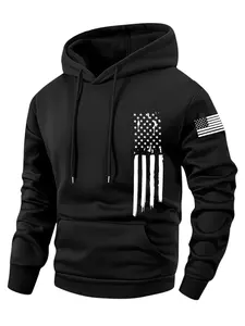 Spring & Autumn Thin Long Sleeve Pocket Hoodie with Patriotic American Flag Print, Casual Sports Streetwear Suitable for Cool Weather - Men's Apparel
