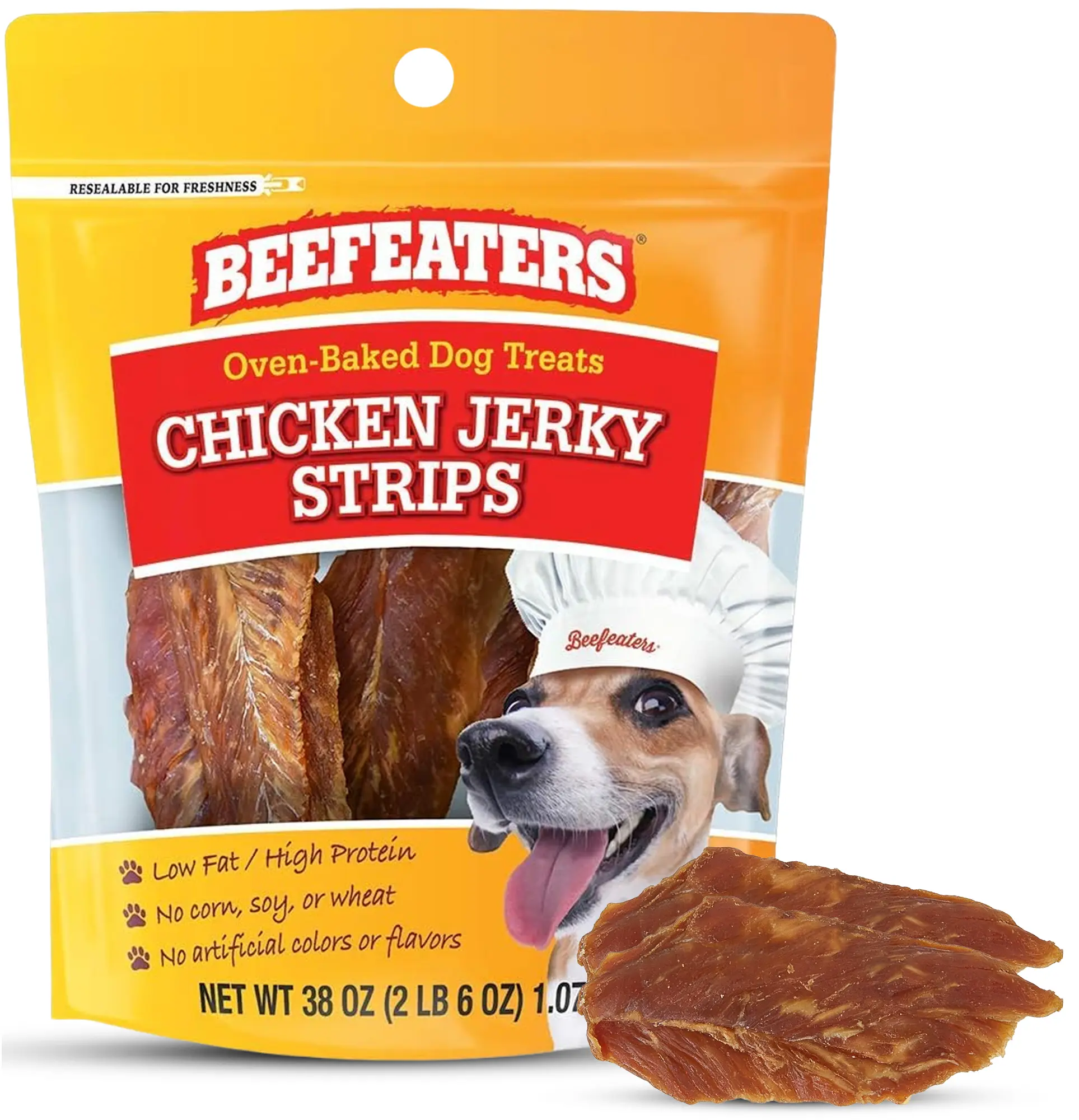Beefeaters Chicken Jerky Strips for Dogs 38oz, 100% Real Chicken Breast, Oven-Baked, Grain-Free Dog Treats for Training & Rewards, High Protein, Low Fat, Resealable Bag, Allergy-Friendly