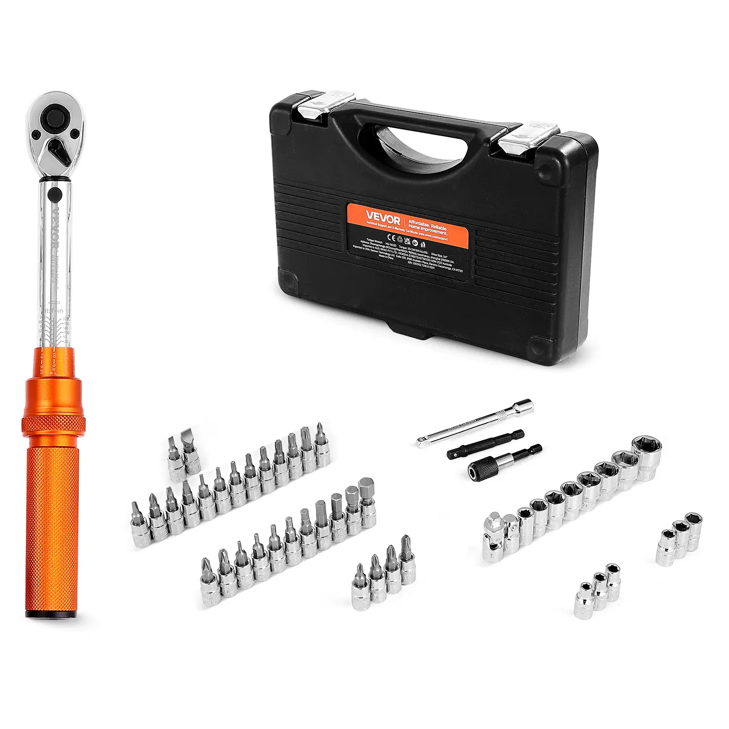VEVOR Multifunctional Click Torque Wrench Set, 1/4-Inch Drive, 20-240 lbf-in/2.3-27.1 N.m Range, Dual-Direction Dual-Range Scales, 72-Tooth ±3% High Accuracy, W/ Bits, Sockets, Adapters, Extension Bar, Orange Mechanic Tools Ideal for Vehicle Repairs, Mult
