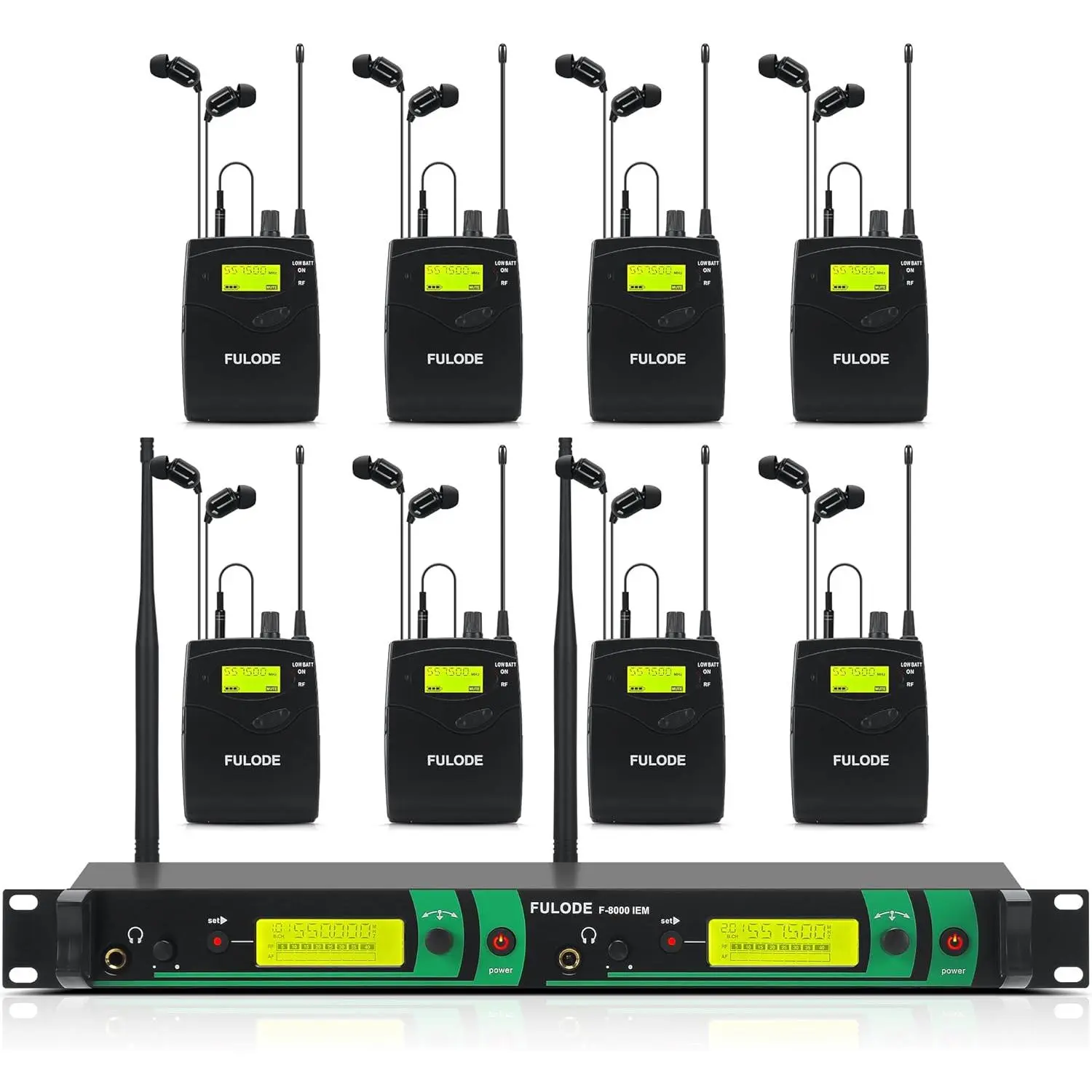 IEM UHF Wireless in Ear Monitor System 2 Channel 8 Bodypacks Monitoring with in Earphone, 2x40 UHF Frequencies, for Stage, Studio and Church, 330Ft Range (8 Bodypack)