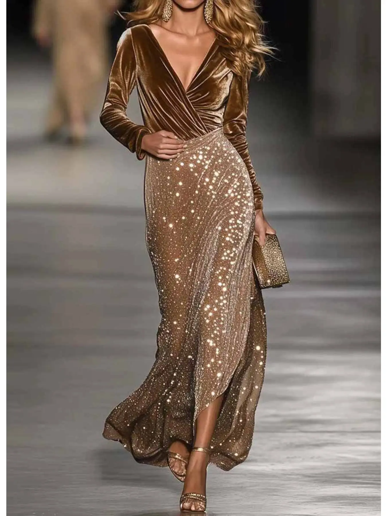 Gold Velvet Sequin Maxi Dress | Wrap V Neck Long Sleeve Side Slit Sparkling Evening Gown | Formal Wear Wedding Guest Prom Evening Party Outfit