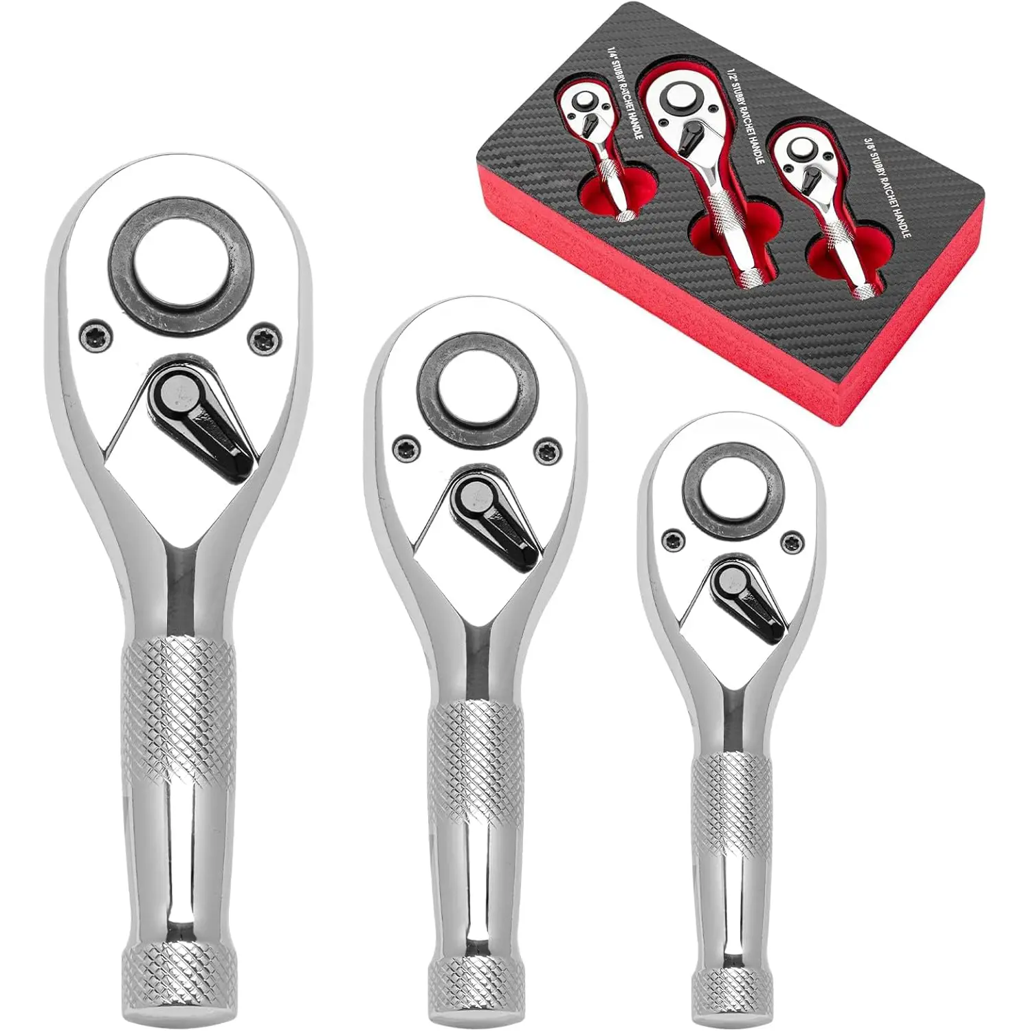 Stubby Ratchet Set, 1/4", 3/8", 1/2" Drive Ratchet Handle Wrench 72-Tooth Quick-Release Reversible