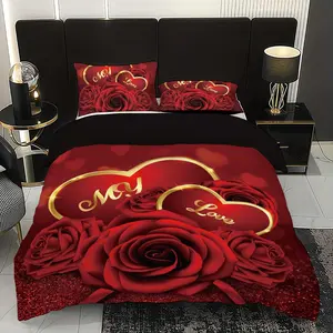 Three-piece romantic red rose love printed quilt cover set, Bed Sets, bedding suitable for all seasons, suitable for couples, perfect for bedroom and guest room decoration