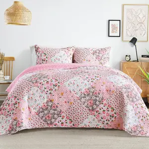Patchwork Twin Size, Soft Boho Floral Bedspreads for Bed Reversible Lightweight Twin Bedding Set Printed Coverlets with 1 Pillow Sham for All, Pink
