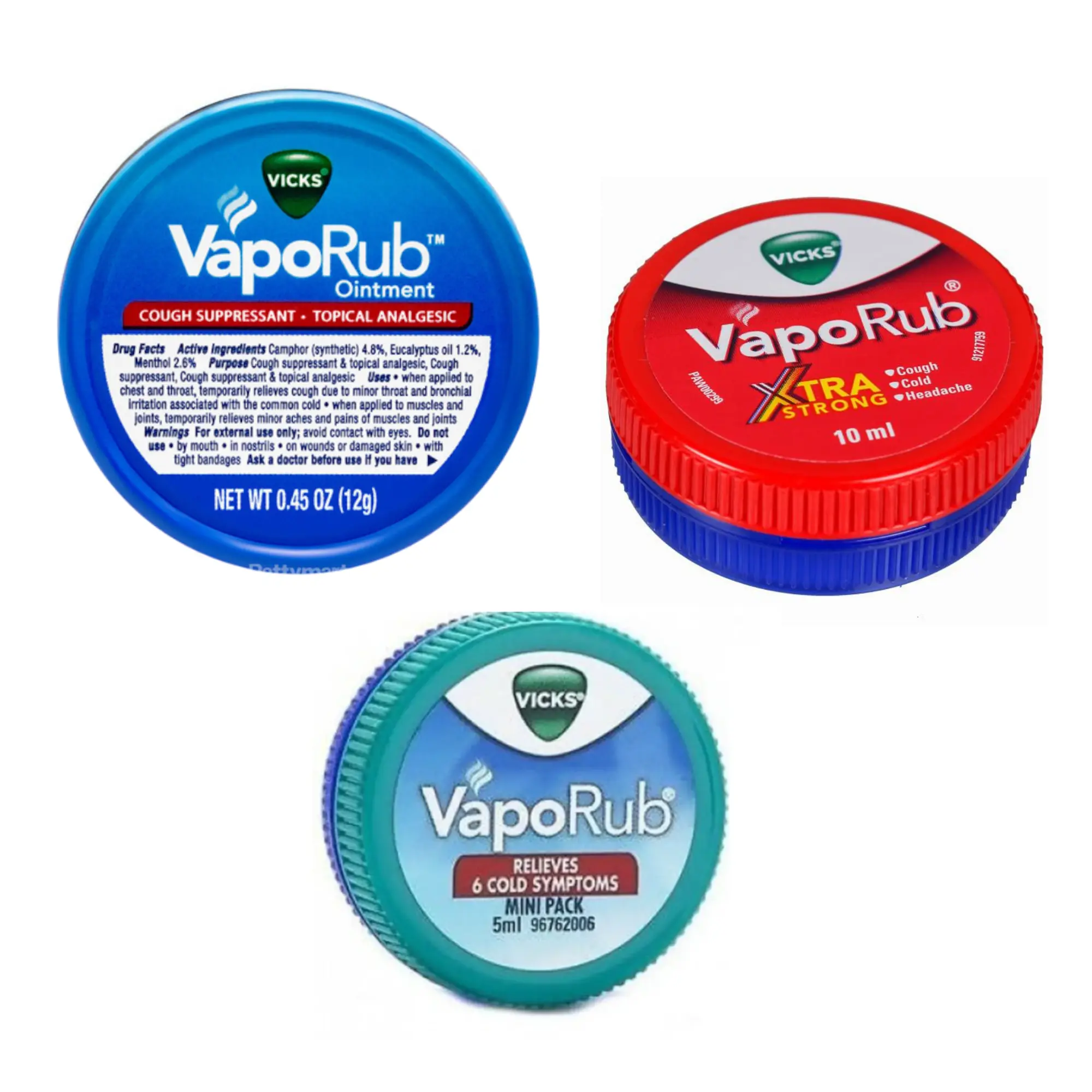 Vicks VapoRub - Xtra Strong Tiny Travel Size 0.34oz/10ml Regular 0.17oz/5ml & 0.45oz/12g Travel Size Cold Balm Cough Suppressant Topical Analgesic Ointment