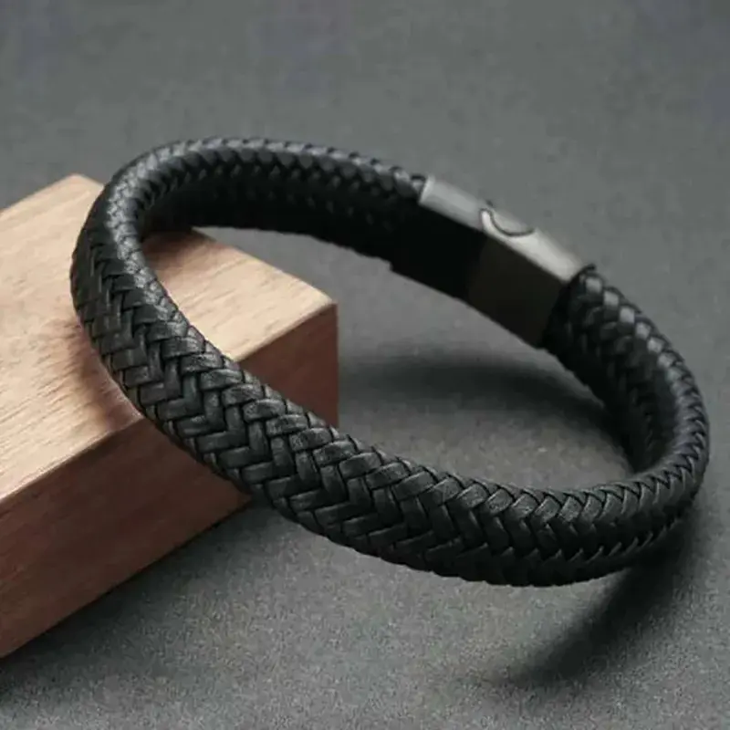 Black Leather Rope Men'S Double-Layer Leather Woven Bracelet Handmade Multi-Layer Leather Bracelet