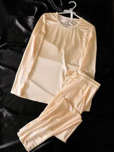 Pure Color Satin Sleepwear Set, Soft Four-Way Stretch Fabric, Comfortable Fitted Long Sleeve Top & Elastic Waist Drawstring Pants, Pocket Design, Loungewear, Home & Outdoors, Pajama Set
