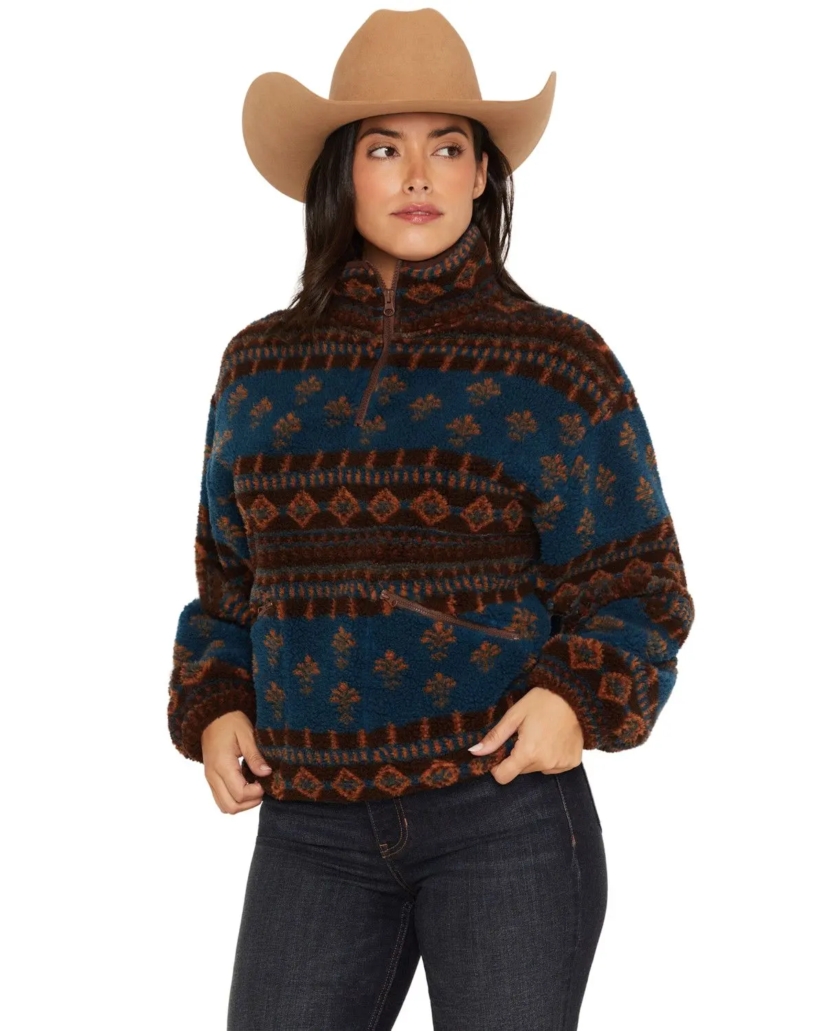 Rock & Roll Denim Women's And Women'S Southwestern Print Sherpa Pullover - Bw91c09386