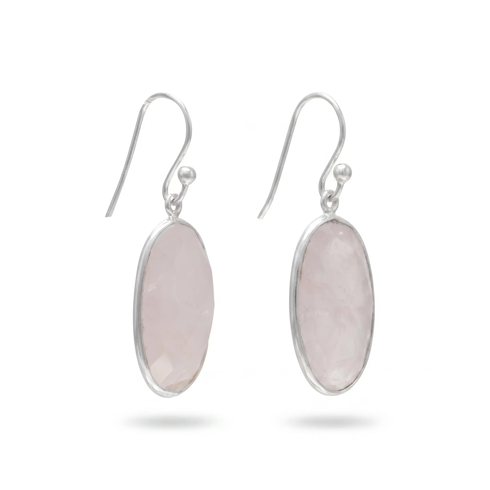 Faceted Rose Quartz Oval Drop Earrings 925 Sterling Silver 20x10mm French Wire