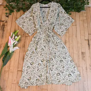 Silk Long Kimono,HippieFlowy Butterfly Moth Boho Duster with Pockets, Celestial Loose Cardigan, Bridesmaid Robe with Belt, One of a Kind, 90s