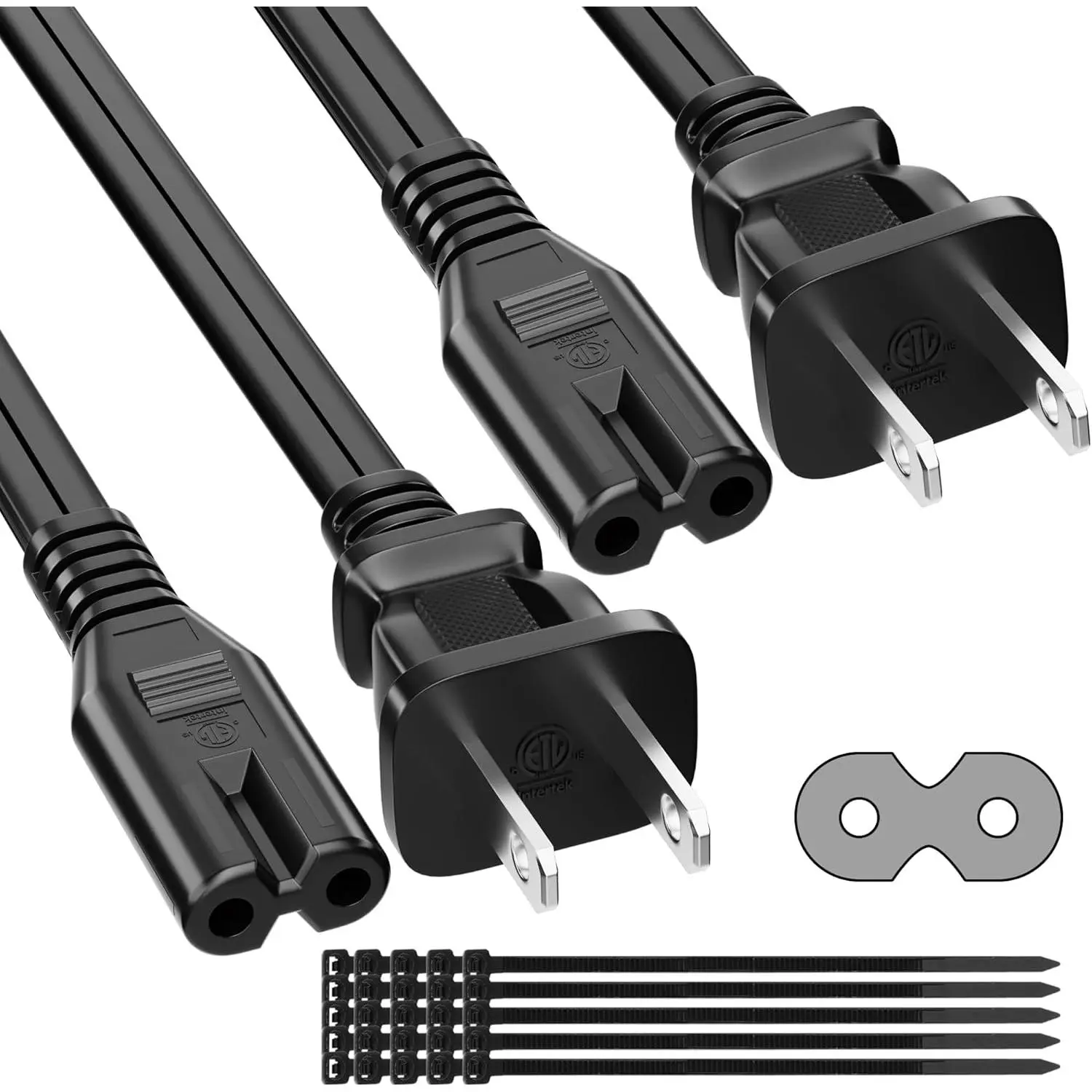 2 Prong Power Cord 2 FT (2-Pack), Non-Polarized AC Power Replacement Supply Cable, 7A, 125V, ETL Compatible with PS5/PS4 Samsung LG TCL Sony Roku TV, Xbox, Laptop, Printer, C7 to 1-15P, with 25 Ties