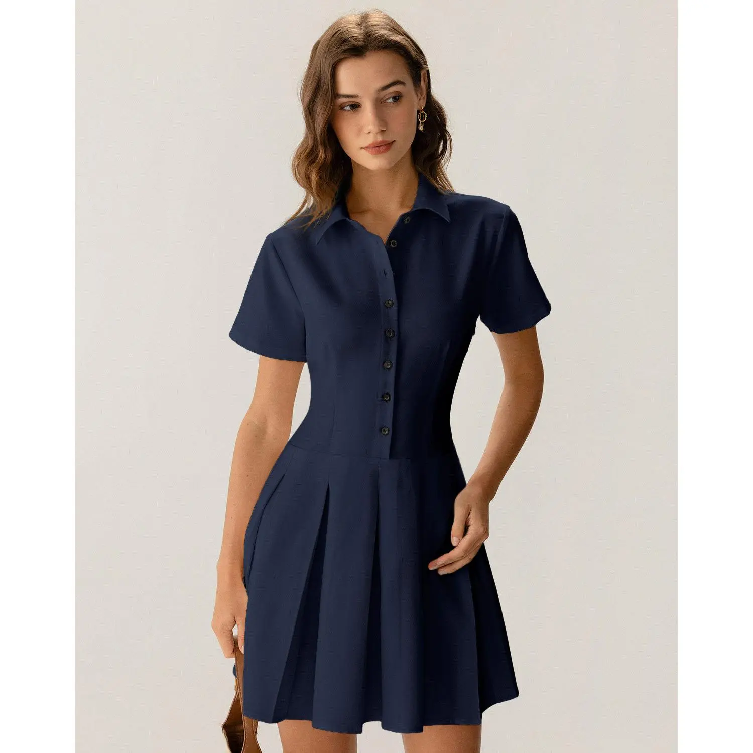RIHOAS Women's Navy A-Line Mini Dress, Short Sleeve Fast-Drying Polyester with Buttons for Corporate Office Wear