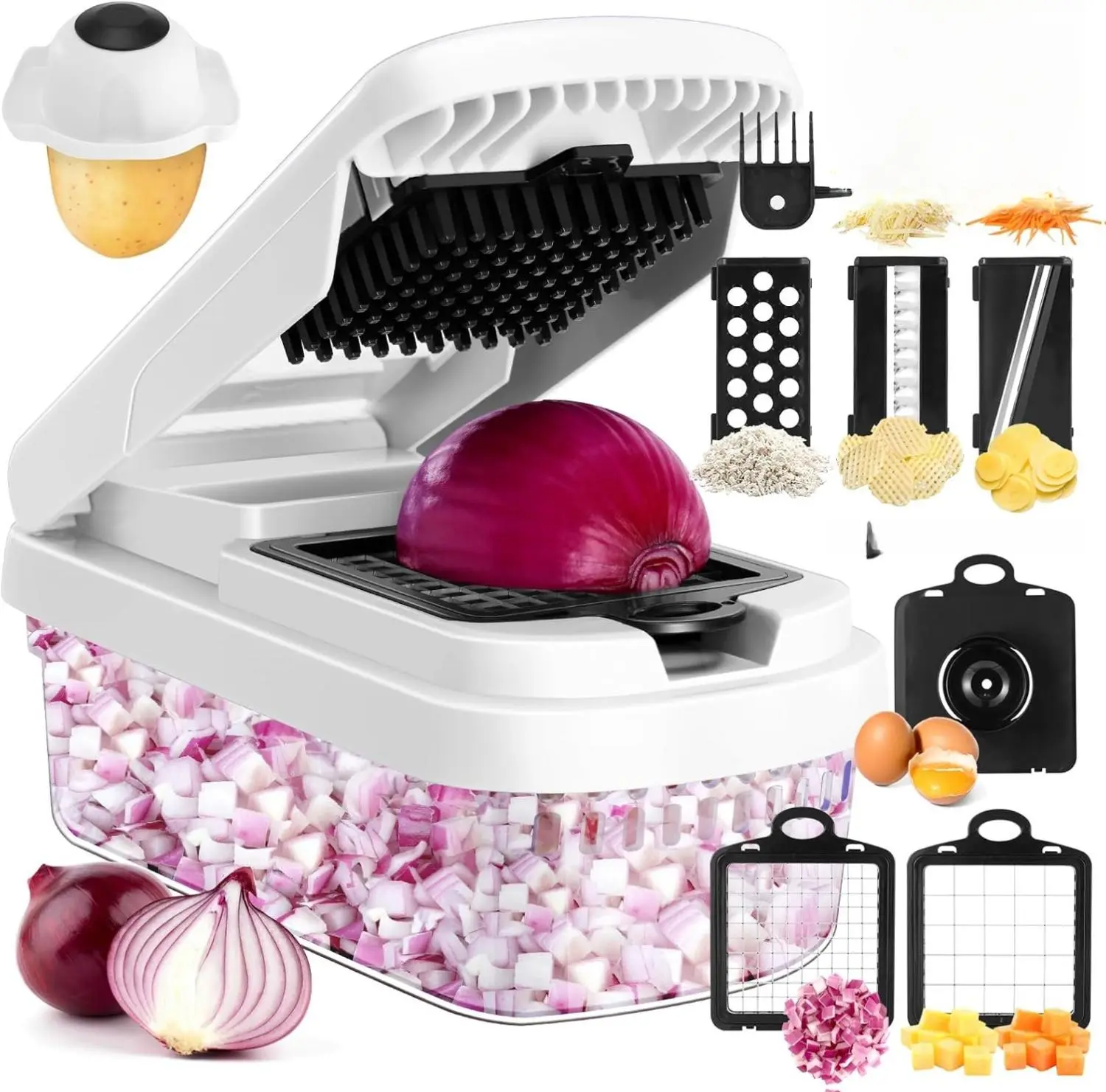 [New deal] - Vegetable Chopper,12-in-1 Multifunctional Food Chopper,Professional Onion Chopper with 7 Blades,Vegetable Cutter with Container for Salad,Potato,Carrot,and Garlic,Essential Kitchen Tool (White)