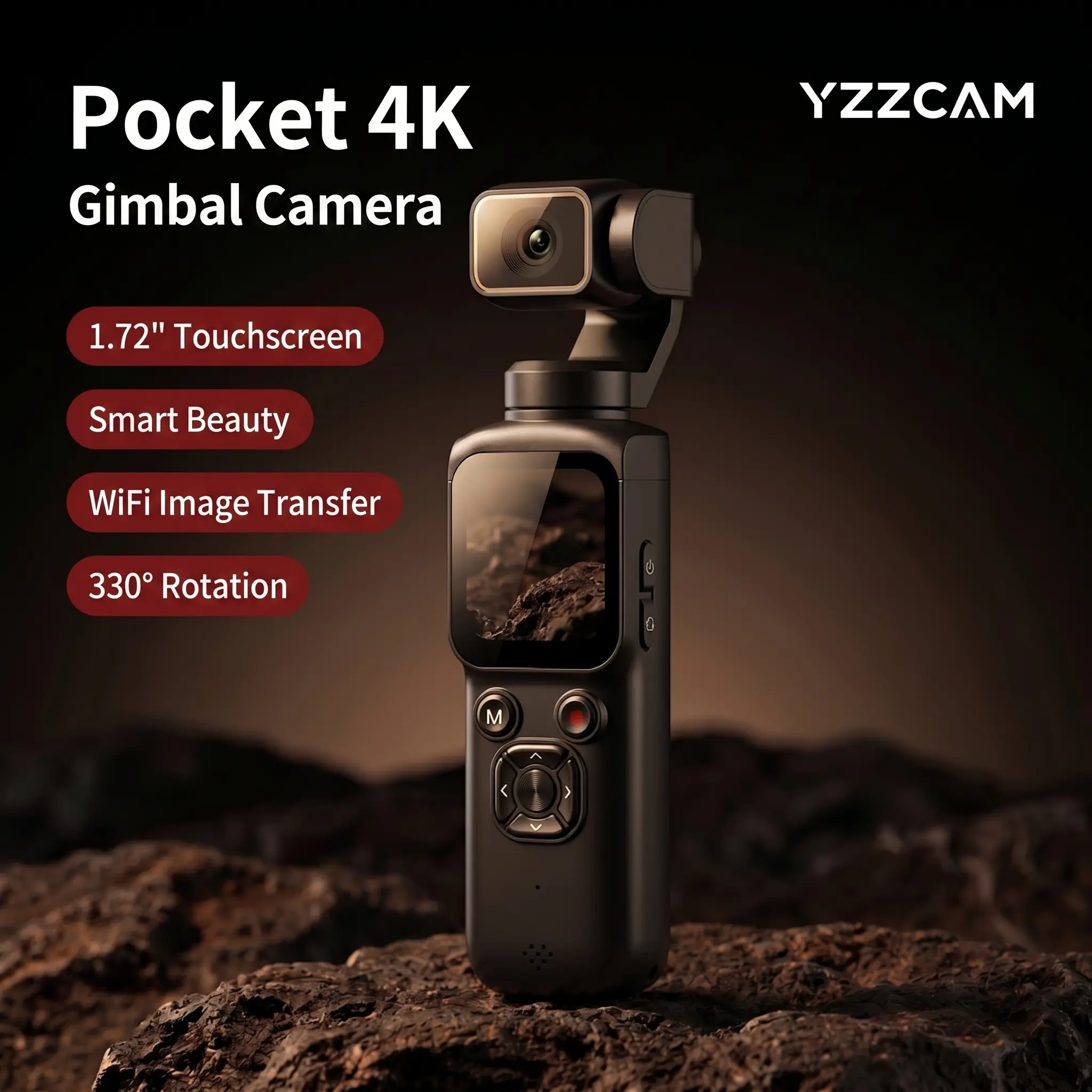 4K Pocket Gimbal Camera with Touchscreen - Portable Stabilized Vlog Cam WiFi Image Transfer Smart Beauty for Travel Vlogging Content Creation