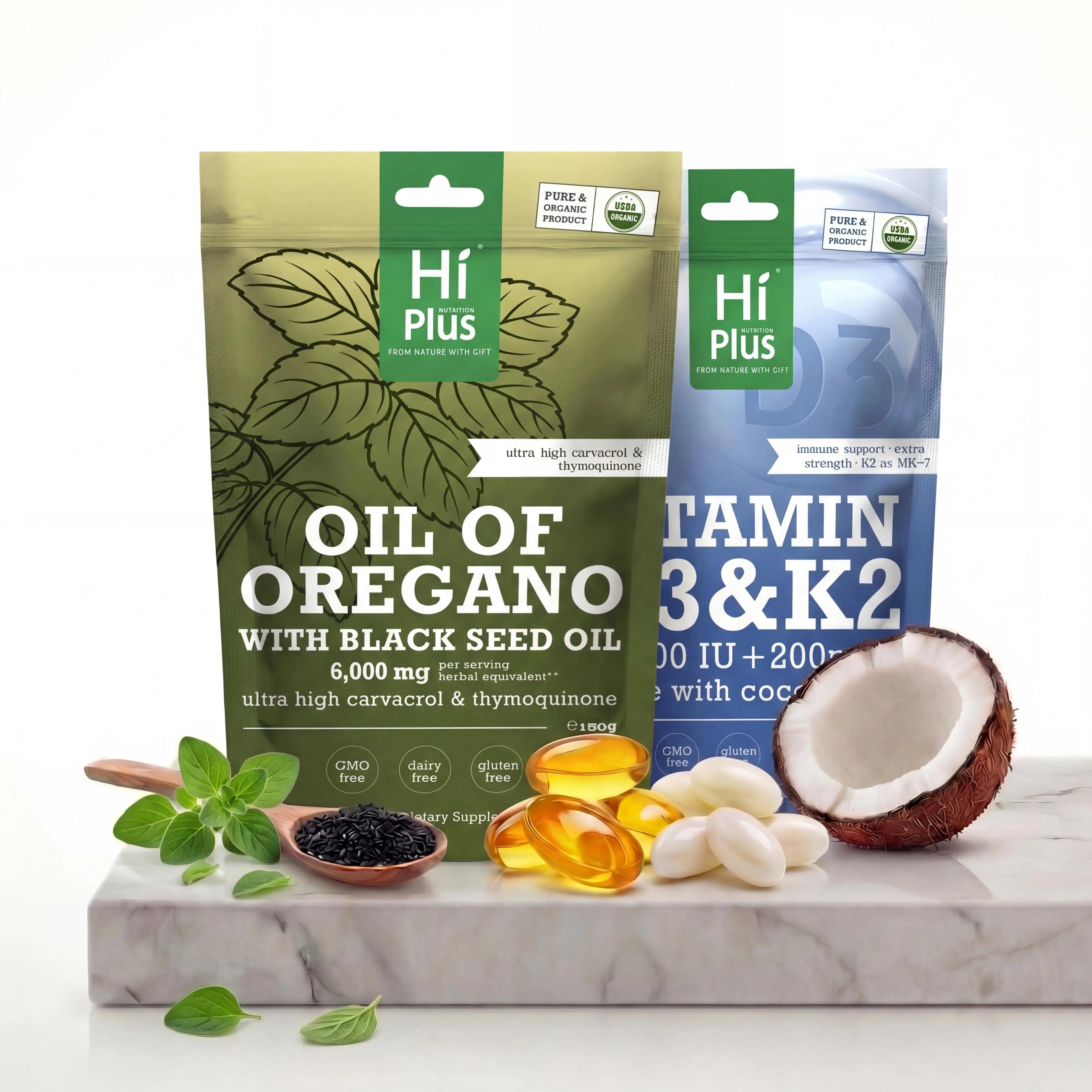 HiPlus Immune & Bone Support Bundle: Oil of Oregano (6000mg) with Black Seed Oil & Vitamin D3 (10,000 IU) + K2 (MK-7) with Coconut Oil - 2-in-1 Dual Action Wellness Kit - 300+300 Softgels