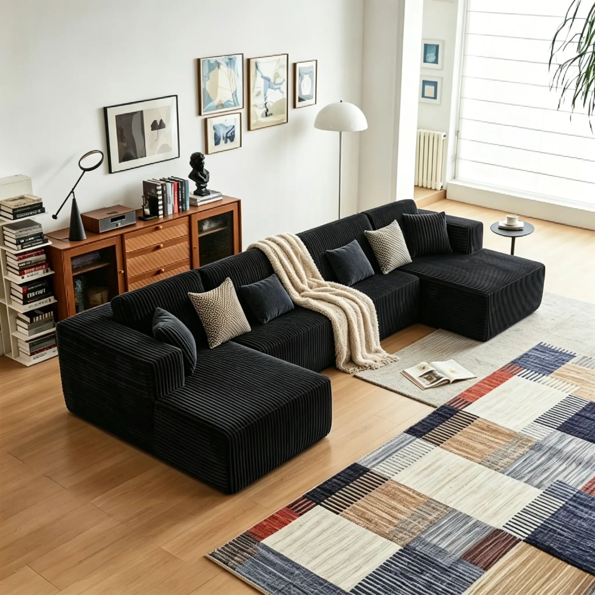 Niccae Divideable U-Shaped Dual-Function Modular Sectional Sofa - [2-3 Packs Shipped], 132.5" Breathable Corduroy Upholstered 5-Seat Minimalist Oversized No-Assembly Living Room Furniture, Fixed Arms, 2 Pillows, Comfy Couch, Bedroom Furniture