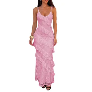 HOCILLE Floral Lace V-Neck Snatched Ruffle Maxi Dress, Summer Wedding Guest Outfit, Stretchy Mesh Bodycon Gown, Elegant Evening Dress for Vacation & Formal Events Birthday, Night Out Occasions,Summeroutfits,Vacationoutfits,Beachoutfits