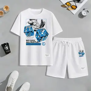 Men's 2-Piece Dice Print Drawstring Set - Polyester Round Neck Short-Sleeved Shirt & Bottoms, Casual Everyday Wear & Sports Outfit for Spring/Summer Relaxed Lifestyle