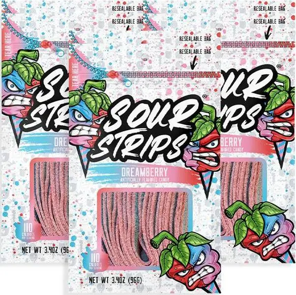 Sour Strips DUO's Dreamberry Sour Candy  3.4 oz 12 ct