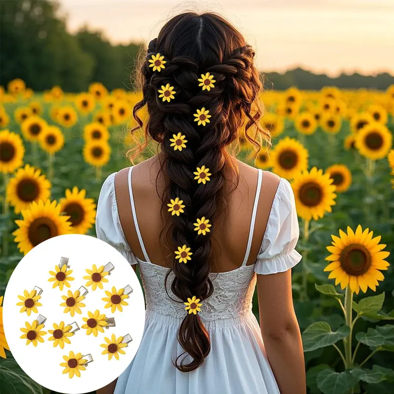 [11pcs Cute Sunflower Hair Clip] VL1340833 - Solid Color Alloy Hair Clips for Ladies | Fashionable Accessories for Going Out Dating Beach Wear, Hair Clip Set, Flower Hair Clip Headpieces