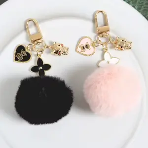 Faux Fluffy Fur Ball Keychain Four Leaf Clover Pendant Purse Phone Car Key Charm