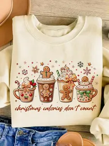 Women's Christmas Themed Cartoon Gingerbread & Coffee Print Drop Shoulder Sweatshirt, Casual Long Sleeve Round Neck Pullover for Daily Wear, Ladies Fall & Winter Clothes