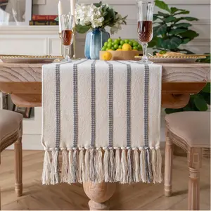Boho Table Runner 90 Inchs Long Grey and Beige, Cotton and Woven with Tassels, for Rustic Farmhouse Neutral Table, Bohemian Dining Table Home Decor