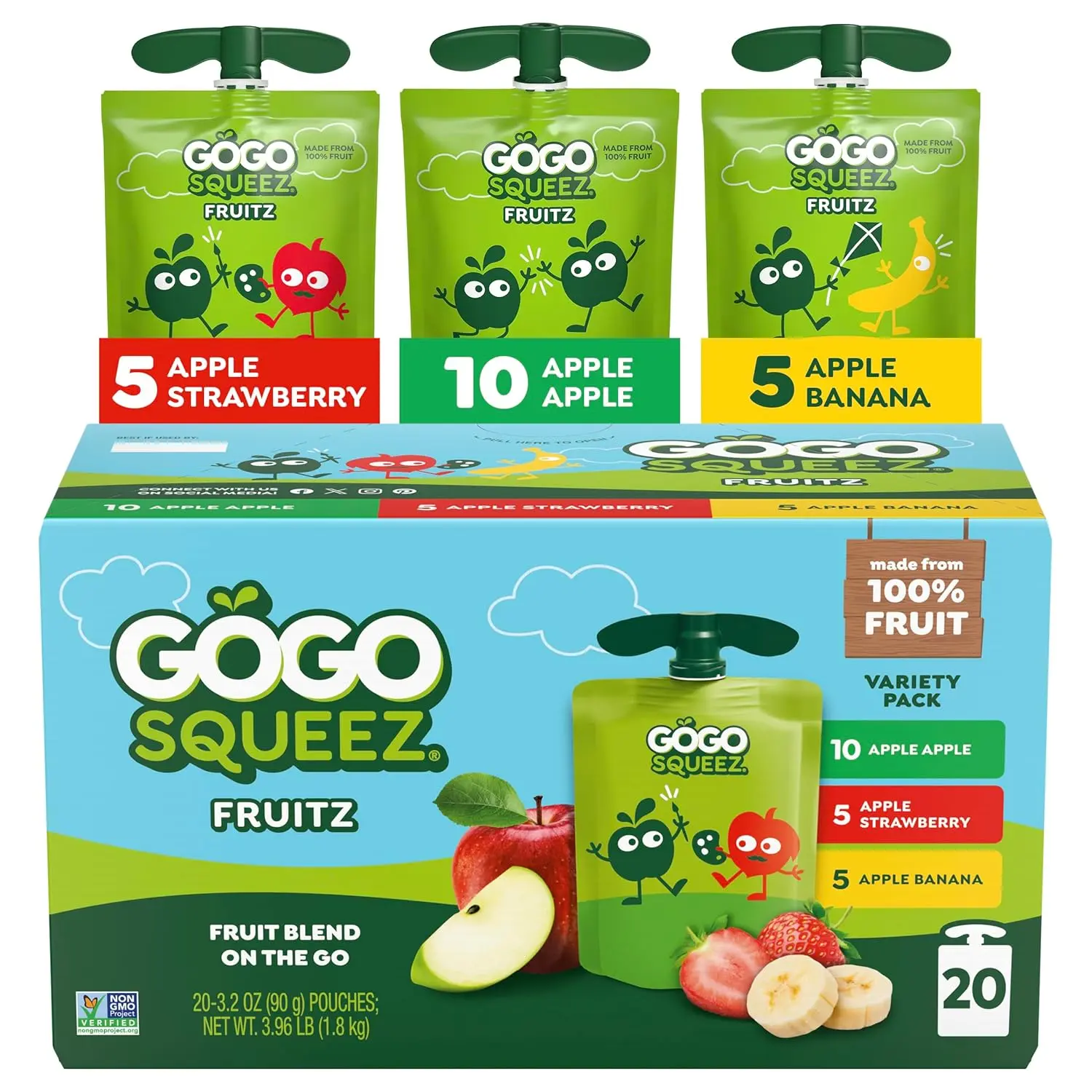 GoGo squeeZ No Sugar Added Applesauce and Fruit Puree Variety Pack, Apple, Banana & Strawberry, 3.2 oz Pouches (Pack of 20), Fruit Snacks for Kids, Gluten Free, Nut Free, Recloseable Cap, BPA Free