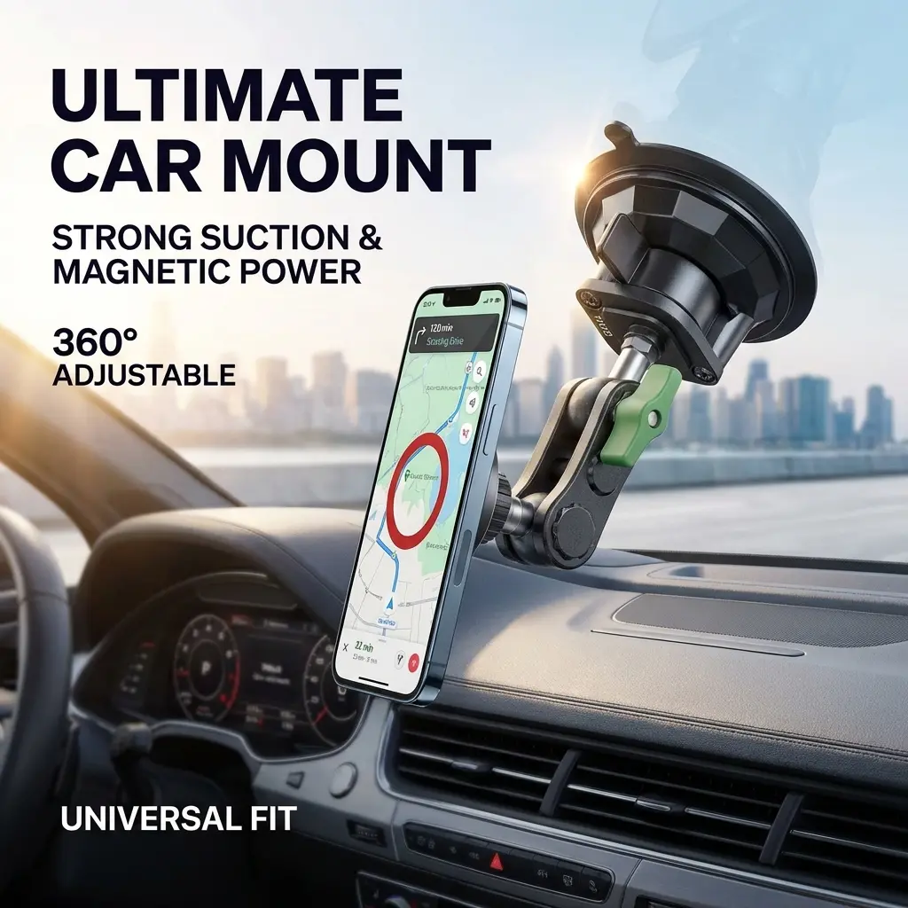 Heavy Duty Vacuum Suction MagSafe Car Phone Mount, Full 360° Multi-Joint Adjustable Magnetic Cell Phone Holder, Strong Suction Cup Dashboard Windshield Mount Compatible with All MagSafe iPhones & Android Phones, Multi-Scene for Navigation Live Streaming
